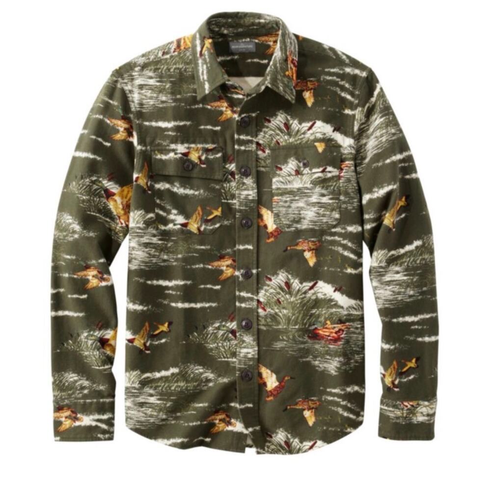 Mens Bean Signature Slim Fit Green Duck Print Warm Thick Button Down Shirt XL